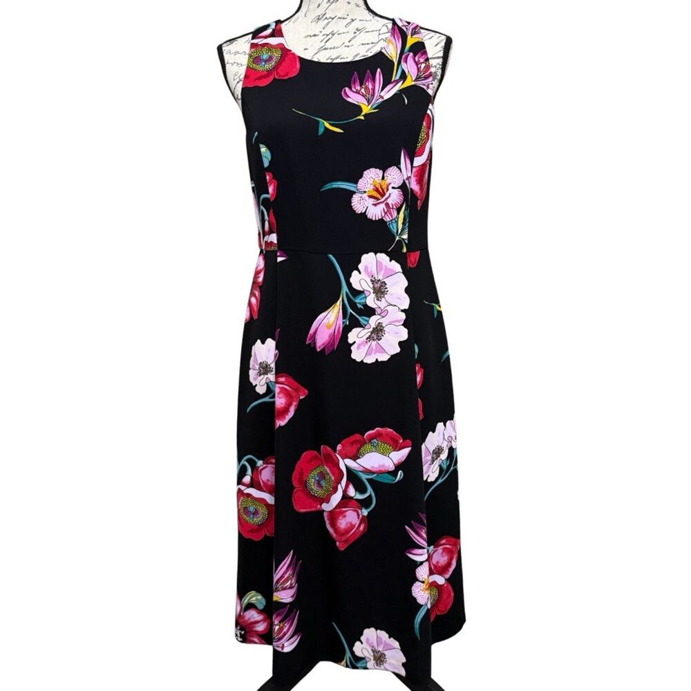 Ann Taylor Bow Back Midi Dress Size 6 Black Floral Cross Straps Sleeveless EUC